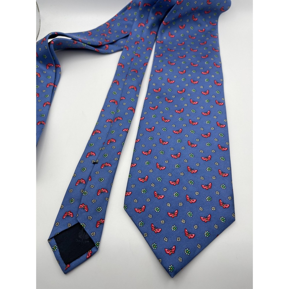 Brooks Brothers 346 Mens Silk Tie Blue Red Butterfly Floral Pattern Made in USA